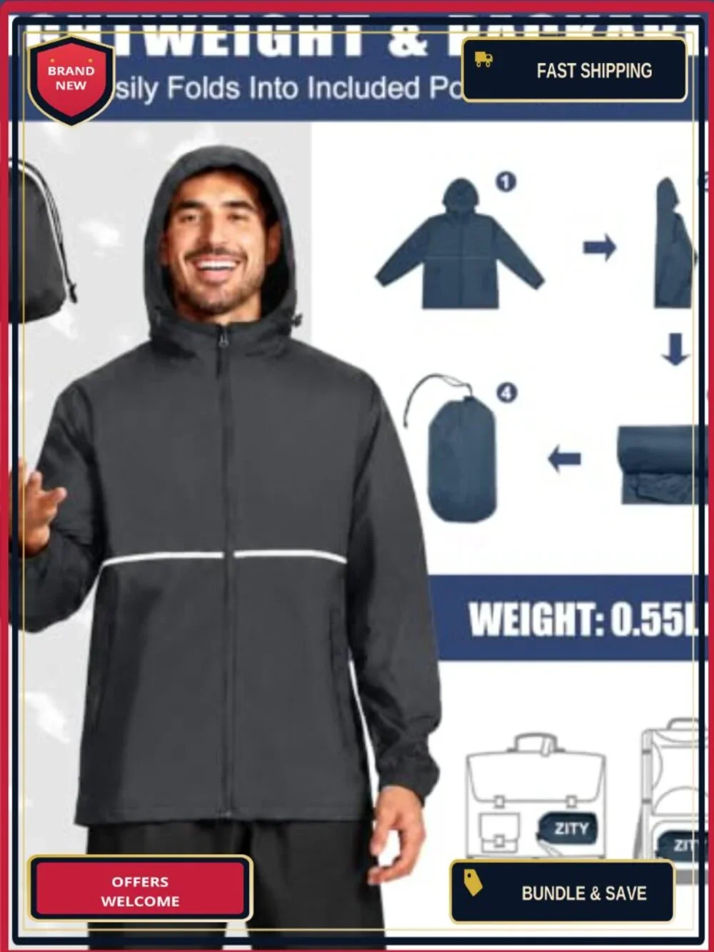 Waterproof Packable Raincoat Men's Lightweight Rain Jacket with Hood
